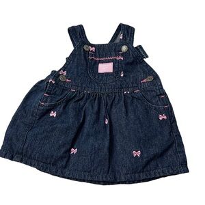 OshKosh B'Gosh Denim Dress Overalls Jumper Pink Embroidered Bows Size 6 Mth Baby